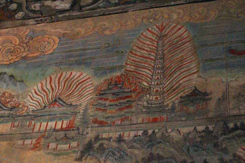 ▲元代壁画中广胜寺内宝塔“大放金光”的形象（作者摄）,唐僧扫过的这座塔，或许是中国最漂亮的琉璃塔,琉璃,唐僧,飞虹塔,广胜寺,金光,洪洞,舍利,元代,壁画,西游记