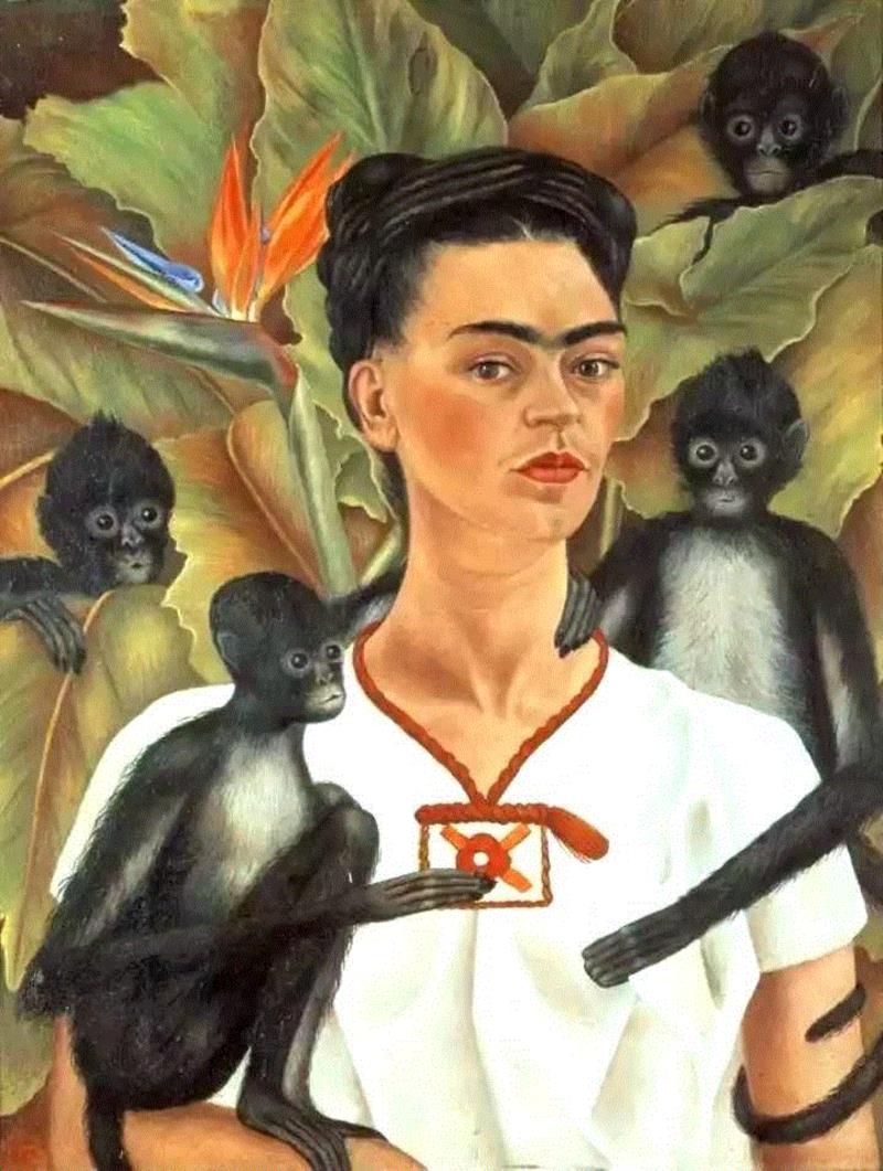 弗利达·卡洛，《有猴子的自画像》，1943年,19世纪的女画家怎样给自己留美照呢？,自画像,女性,丛书,出版社,画像,德加,素描,装帧,文化史,上海人民美术出版社