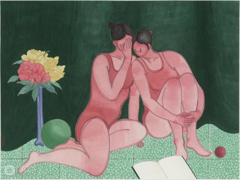 《午后》2018 纸本设色 97×127cm,hiart space | 姚浩：褪色，直至单纯,space,姚浩,人物,少年,水墨,女孩,材料,国画,窗帘,特性