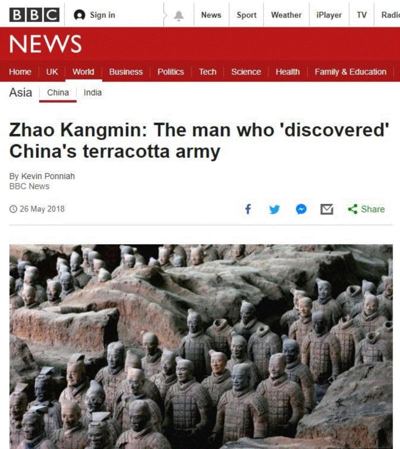 他是兵马俑的“发现”者，但人们对他一无所知，直到他去世,兵马俑,赵康民,第一人,秦兵马俑,武士俑,村民,蔺安稳,杨志发,考古学家,发现者