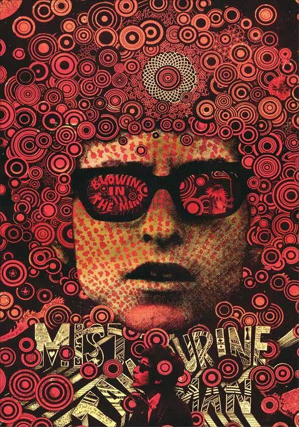 马丁·夏普在1966年发行的《脑中飘荡》(Blowin‘ in the Mind)封面上对鲍勃·迪伦