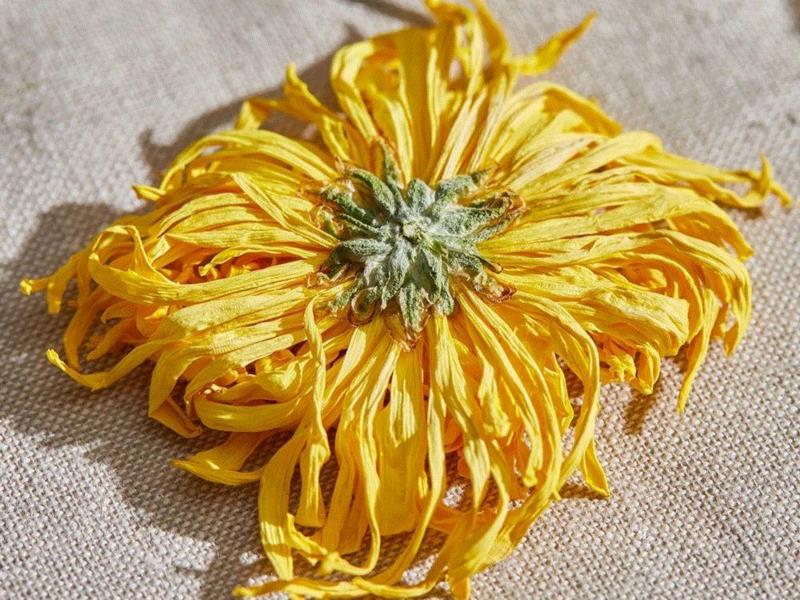 花型完整，色泽金黄，而且花的根蒂还是绿的，说明是新鲜采摘的。,皇帝都爱喝的菊花茶，一朵泡一杯，清凉下火