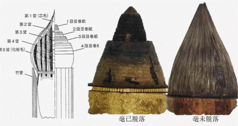 ▲鸡距笔真迹。传统鸡距笔特殊的笔头，由多层毫毛组成。毫脱落后可见其绵纸卷制工艺，在王羲之《笔经》中早