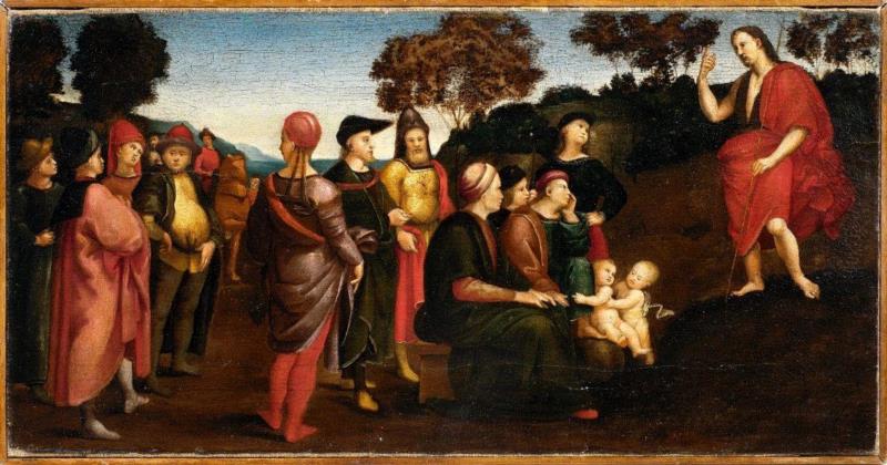 施洗者圣约翰布道   拉斐尔 1505 - 1509  布面油画,读画｜为什么大家都爱画给耶稣施洗礼的圣约翰？