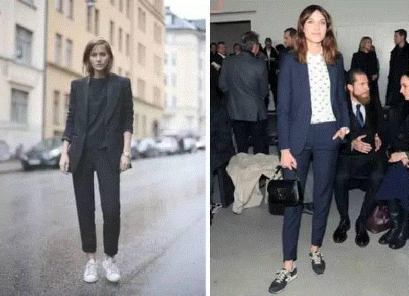 这种穿法一度很流行，cara去年去看buberry的秀时就是这么穿：,范爷、刘总攻、刘英俊，一套西装就能让女明星转型？,西装,总攻,刘英俊,转型,吸烟装,裤子,脚踝,铅笔,牌子,女性