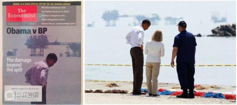 △ 2010年，《经济学人》杂志封面，奥巴马独自走在路易斯安娜海湾，BP石油在墨西哥湾泄露