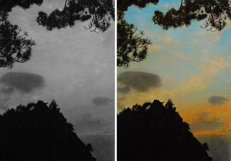 左：庐山仙人洞，1961，黑白照片，江青摄影,色彩的政治：艰难的新华染印法,染印法,新华,政治,摄影,试验,彩色照片,工艺,密度,新华社,黑白照片