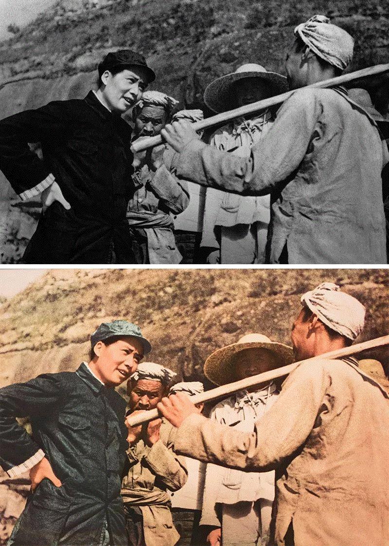 上：毛泽东在延安与农民谈话，1939，黑白照片，石少华摄影。,色彩的政治：艰难的新华染印法,染印法,新华,政治,摄影,试验,彩色照片,工艺,密度,新华社,黑白照片