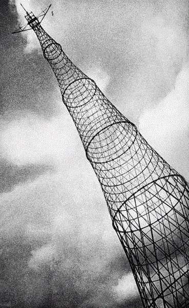 罗德琴科拍摄的莫斯科Shukhov无线电塔，1929年。图源：Pinterest,前苏联激进天文学：关于穹顶的神秘与幻想,穹顶,前苏联,天文学,幻想,天文馆,苏联,莫斯科,建筑,宇宙,俄国