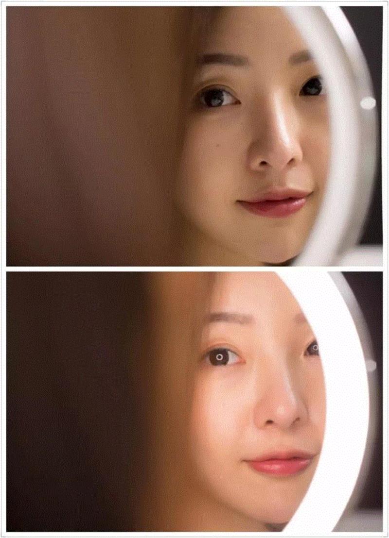 上图为普通镜子，下图为AMIRO化妆镜照出来的效果,你有多美，它更清楚,化妆,AMIRO,灯光,亮度,光源,日光,模拟,黑镜,镜子,底座