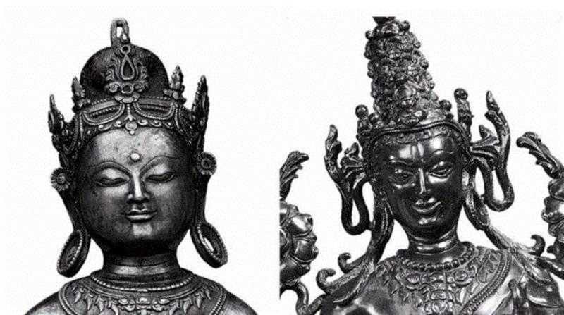 鲁宾美术馆所藏西藏13世纪仿帕拉风格度母，其眼部嵌银，为西藏仿帕拉风格的特色之一（左）。瑞特伯格美术
