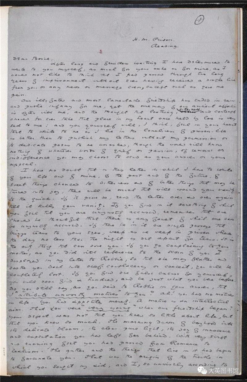▲ 王尔德在狱中写给阿尔弗雷德·道格拉斯勋爵的长信《自深深处》，手稿共八十页，1897年。