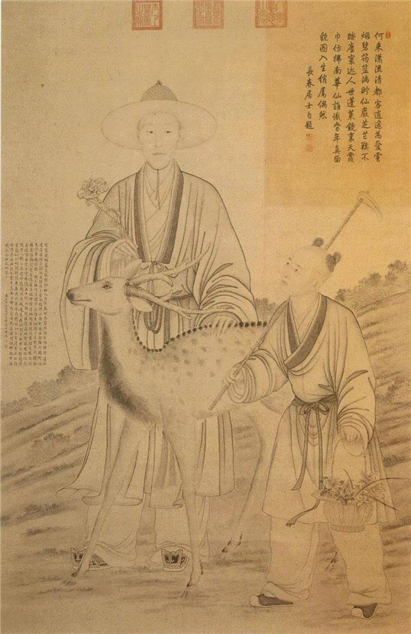 图一：郎世宁 《采芝图》,【嘉德秋拍】中西合璧 各臻其妙 | 清乾隆青花松鹿献瑞图大橄榄瓶,青花,橄榄,中西,清乾隆,合璧,嘉德秋拍,鹿献瑞,乾隆,绘画,宫廷画师