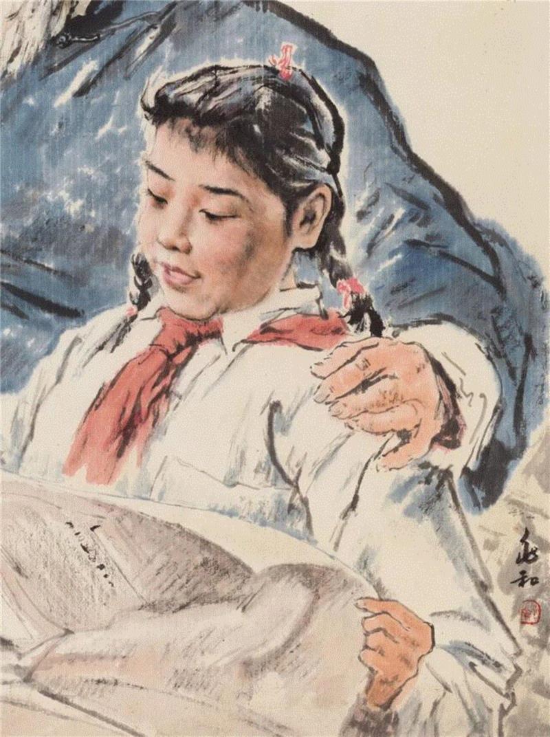给爷爷读报 （局部）,【嘉德秋拍】和平赞歌 | 蒋兆和《给爷爷读报》,和平,读报,蒋兆和,爷爷,嘉德秋拍,父亲,表姐,母亲,美术,红领巾