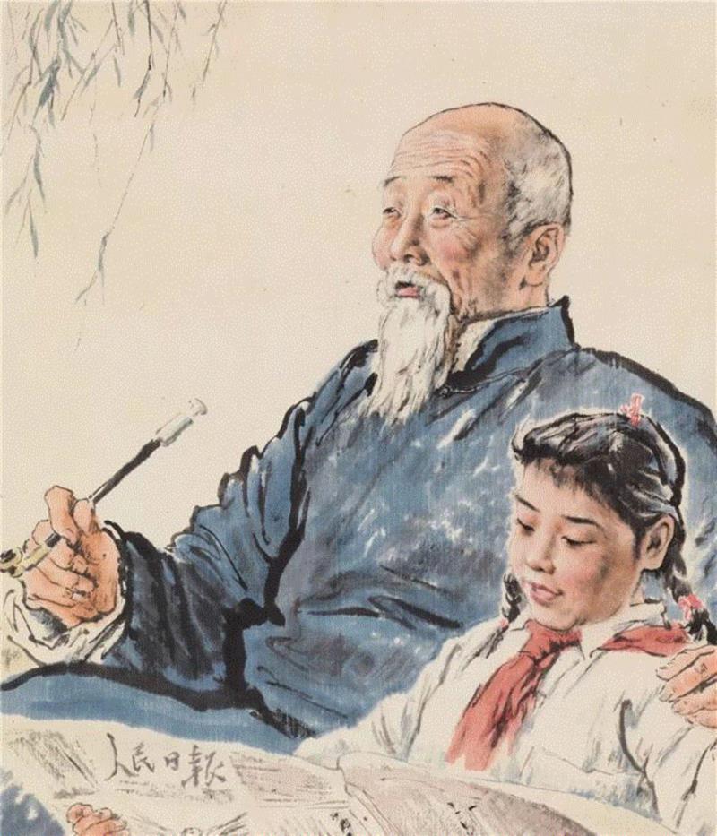 给爷爷读报 （局部）,【嘉德秋拍】和平赞歌 | 蒋兆和《给爷爷读报》,和平,读报,蒋兆和,爷爷,嘉德秋拍,父亲,表姐,母亲,美术,红领巾