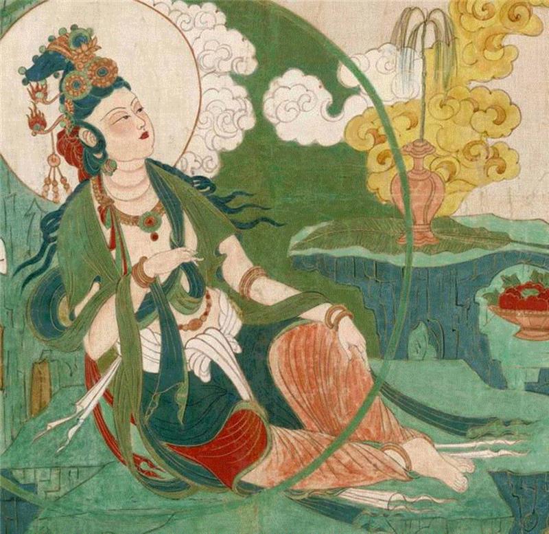 水月观音 （局部）,【嘉德秋拍】精丽绝伦 无上庄严：张大千敦煌时期精笔描金《水月观音》,敦煌,张大千,观音,嘉德秋拍,大千,壁画,榆林窟,默斋,敦煌壁画,金粉