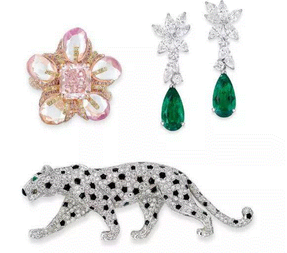 &nbsp;由左起順時針: Etcetera、Graff及Cartier設計的珠寶首飾。,締造傳奇 — 瑰麗珠寶香港秋拍精選,香港秋拍,珠寶,拍品,品牌,拍賣,Tiffany,Scavia,戒指,Cartier,鑽石