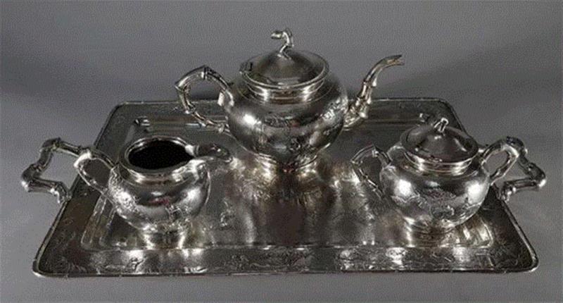 清 银质人物纹茶具一套,北京中拍国际2017秋拍精品赏析——中国银器专题,中拍国际,秋拍精品,银器,烧蓝,龙纹,工艺,款识,茶叶罐,凉亭,silver