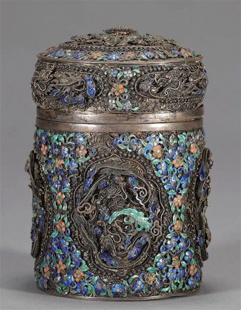 清 银烧蓝龙纹活环茶叶罐,北京中拍国际2017秋拍精品赏析——中国银器专题,中拍国际,秋拍精品,银器,烧蓝,龙纹,工艺,款识,茶叶罐,凉亭,silver