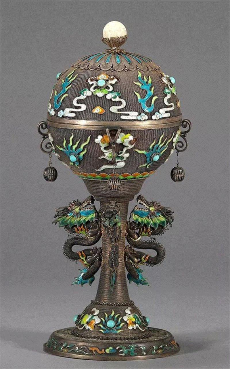 清 银累丝烧蓝龙纹豆,北京中拍国际2017秋拍精品赏析——中国银器专题,中拍国际,秋拍精品,银器,烧蓝,龙纹,工艺,款识,茶叶罐,凉亭,silver