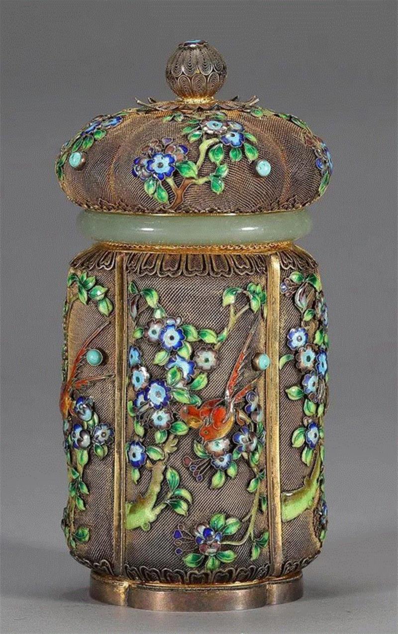 清 银累丝烧蓝嵌玉茶叶罐,北京中拍国际2017秋拍精品赏析——中国银器专题,中拍国际,秋拍精品,银器,烧蓝,龙纹,工艺,款识,茶叶罐,凉亭,silver