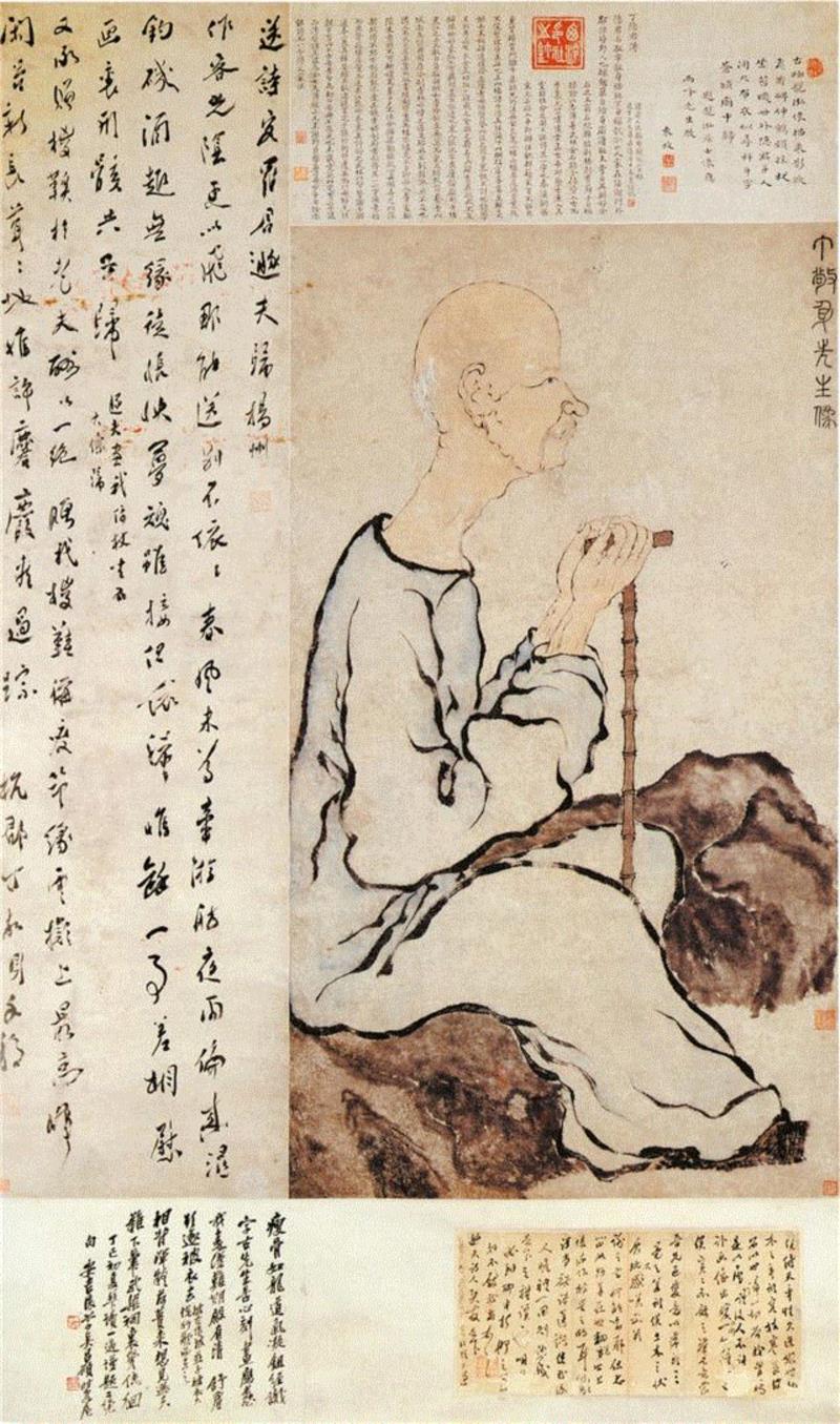 ▲1917年春，丁辅之将罗聘《敬身先生倚杖坐石图》及丁敬的送别诗、致罗聘书札和袁枚题诗重新装裱于一轴