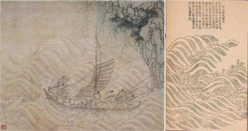&nbsp;《江州巨艑》（左图）画水法与《芥子园画传》（右图）对比,【嘉德秋拍】奕奕有雅致 诗人之书也 | 王概《山水册》并清初诸家题咏,嘉德秋拍,雅致,诗人,山水册,王士,康熙,朱彝尊,书法,鸿儒,王概