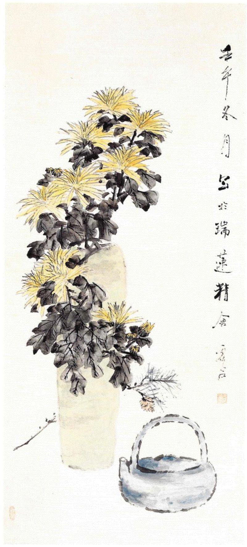 重阳共赏画中菊丨虚谷《瓶菊图》,虚谷,菊花,花瓶,最美中国画,茶壶,笔法,故人,青山,开轩,把酒话桑麻