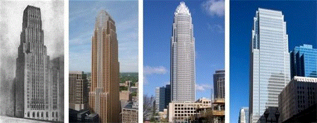 最左为沙里宁在1922年设计的摩天楼，右侧三个均为佩里设计. 图片来自 Chicago Archit