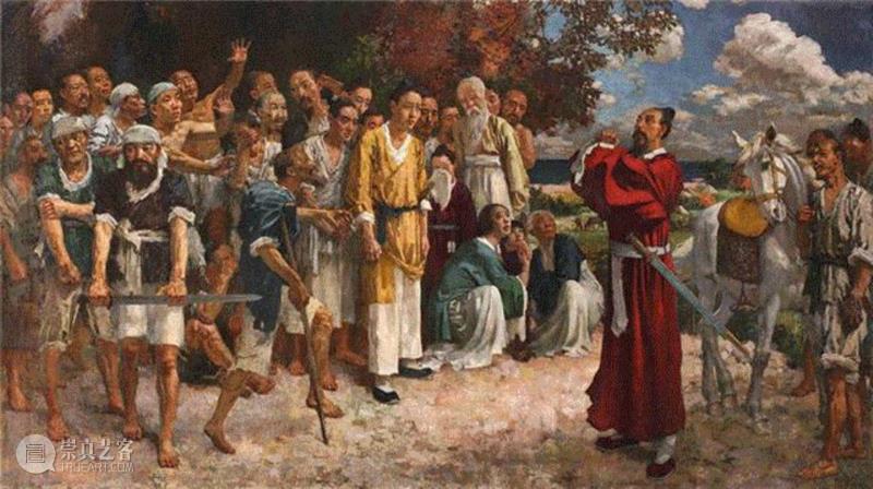 ▲《田横五百士》出自《史记》，讲述秦末齐国国王田横与500士兵被敌军围困，宁死不屈的故事。作此画时，