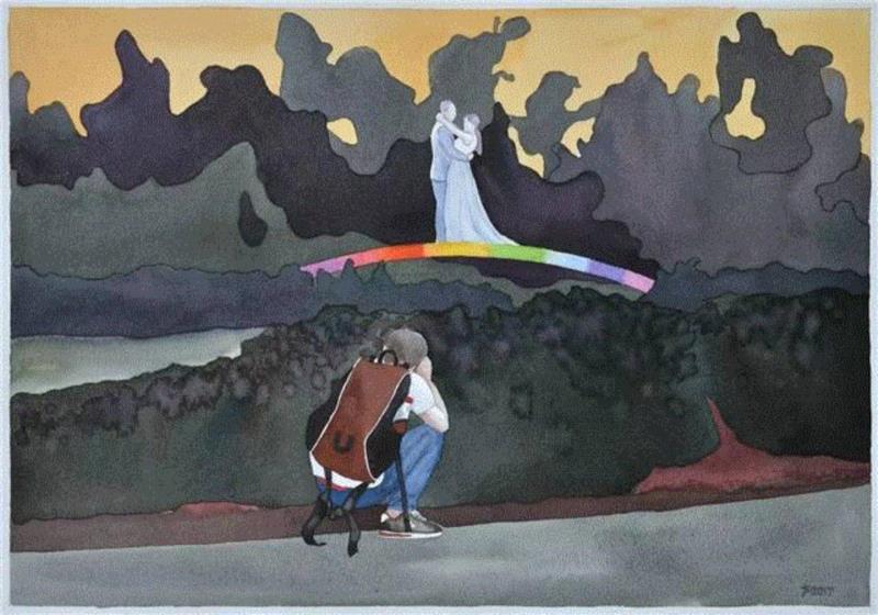 金沙湾28，纸上水彩，37.5×52.5cm，2017,【现场】无声的号子——刘声、李消非,刘声,李消非,号子,流水线,生产,大沙,录像,可变,沙发,画廊