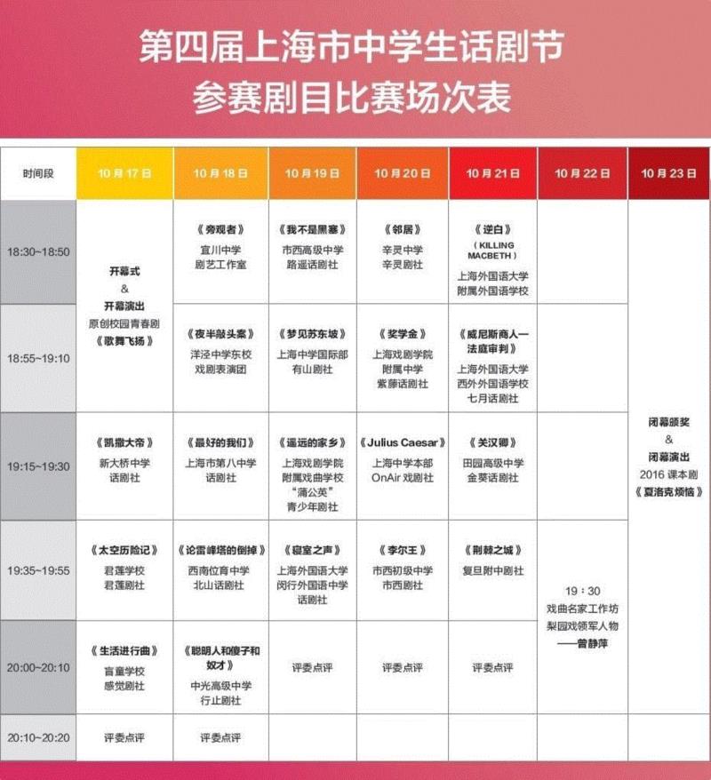 【传承经典成就伟大】第四届上海市中学生话剧节10月21日赛程公示