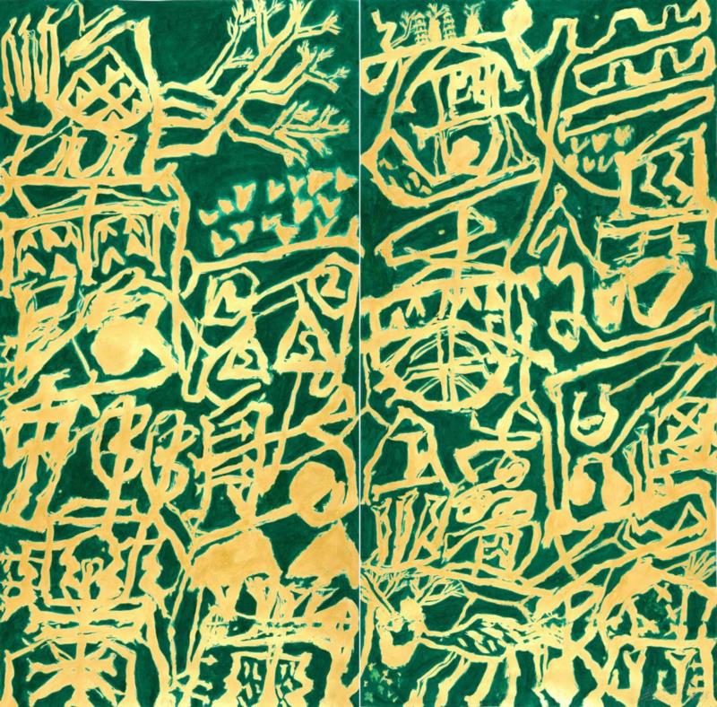 宣紙、墨、丙烯，248.5 x 125.5cm x 2,在3画廊艺术家 l 知美术馆《万物-魏立刚个展》开幕,魏立刚,美术馆,万物,书法,汉字,丙烯,魏氏,魔块,美学,宣纸