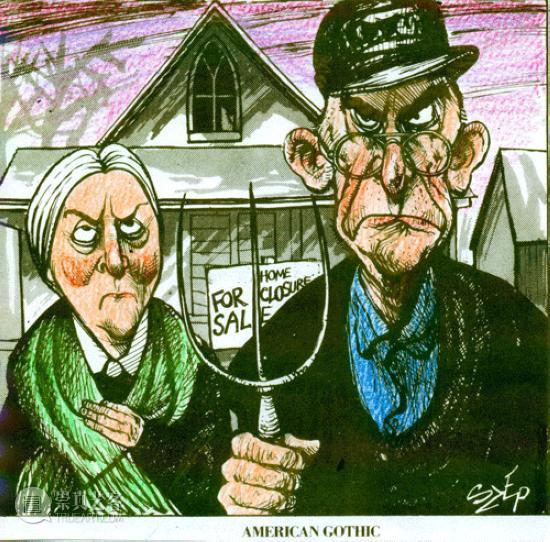 2008年美国爆发次贷危机，艺术家借用《美国哥特式（American Gothic）》表现农民不得不