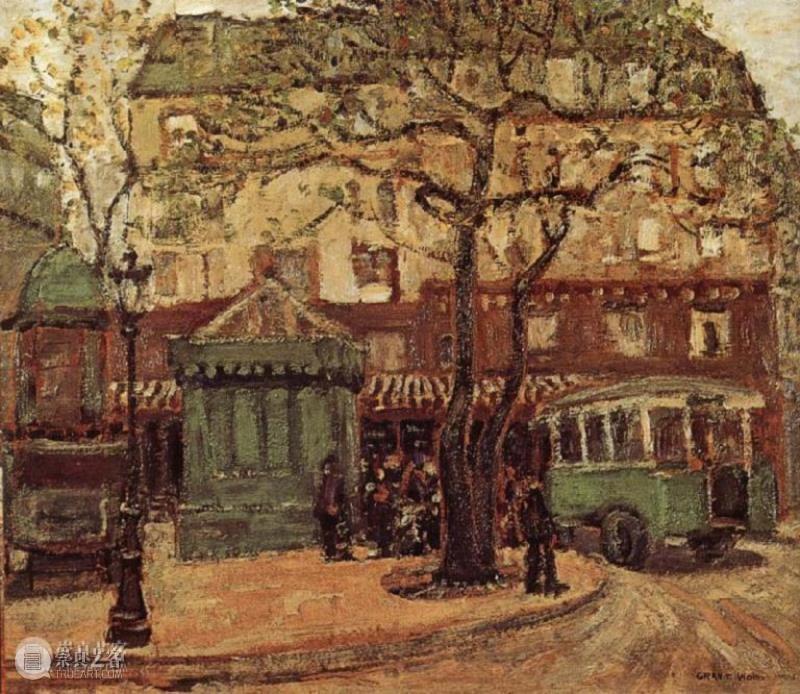 Grant Wood，Greenish Bus in Street of Paris ，1926,‘美版闰土’何以成为美国文化象征,现实主义,绘画,格兰特·伍德,地方主义,美国乡村画家,GrantWood