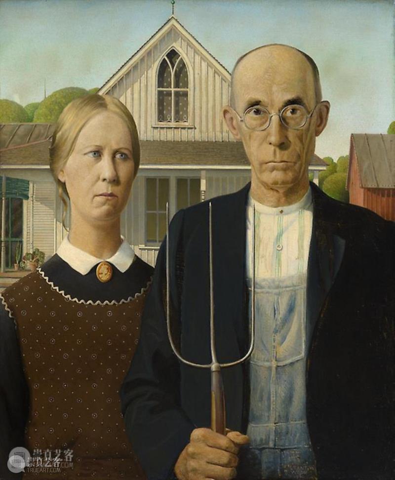 格兰特·伍德《美国哥特式》（American Gothic），1930,‘美版闰土’何以成为美国文化象征,现实主义,绘画,格兰特·伍德,地方主义,美国乡村画家,GrantWood