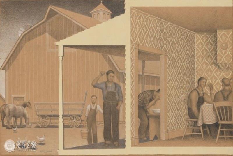 Detail of “Study for Dinner for Threshers,” 1933,‘美版闰土’何以成为美国文化象征,现实主义,绘画,格兰特·伍德,地方主义,美国乡村画家,GrantWood