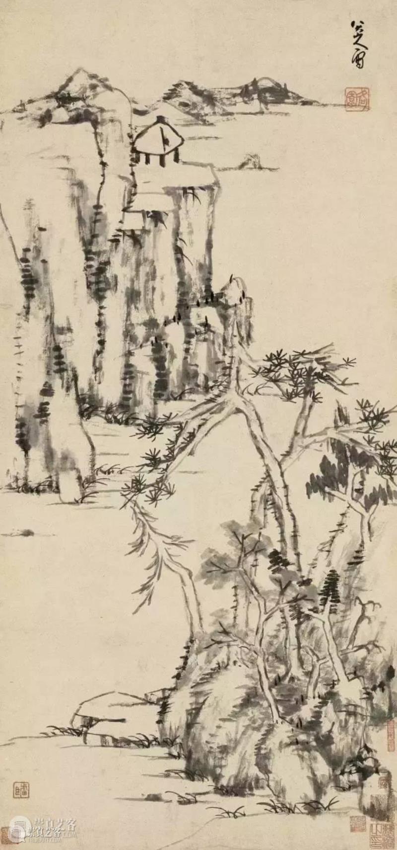 清 八大山人 仿倪云林山水 立轴 水墨纸本 ,明皇世孙避难为僧，画出世上最贵鱼和鸟,朱耷,八大山人,笔墨,石涛,吴昌硕,书画,遗民,南昌