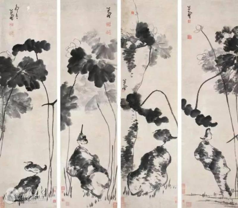 清 八大山人 《荷石栖禽》四屏 纸本 ,明皇世孙避难为僧，画出世上最贵鱼和鸟,朱耷,八大山人,笔墨,石涛,吴昌硕,书画,遗民,南昌