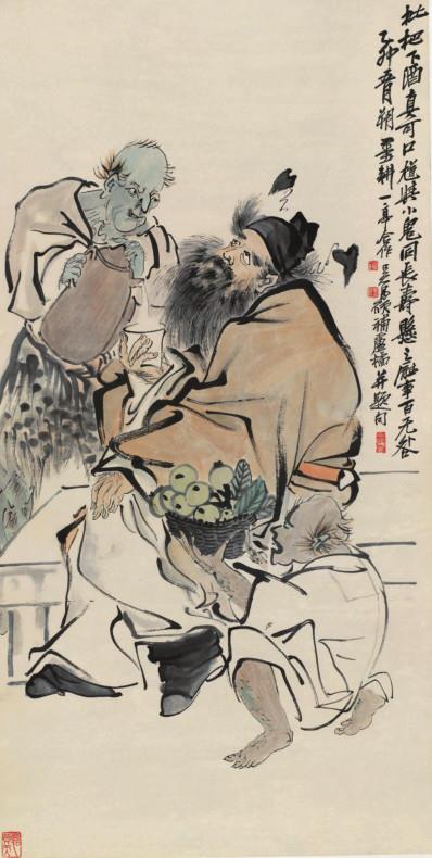 吴昌硕、王一亭、倪田 《馗与小鬼同长寿图》,【海派展】“海派”是什么?,海派展,海派,吴昌硕,王一亭,任伯年,书画,倪田,绘画,花鸟,吴昌硕纪念馆