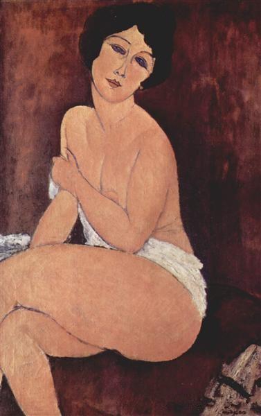 Nude Seating On A Sofa, 1917, 现存于私人收藏,一只眼睛看世界的天才艺术家,天才,莫迪里阿尼,意大利,巴黎,珍妮,阿赫玛托娃,裸女,莫迪,莫迪格利阿尼,毕加索