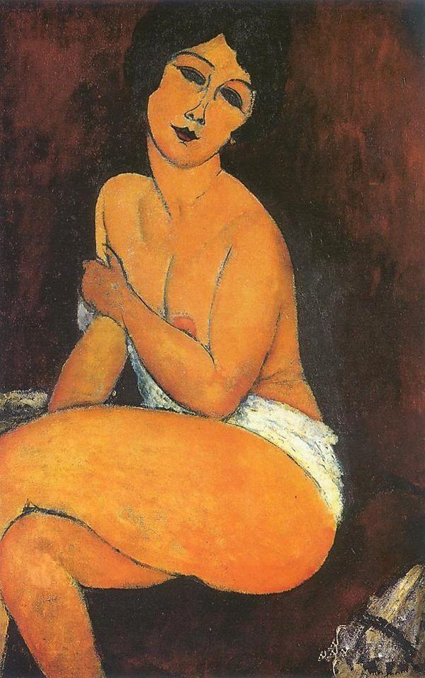 Seated Nude on Divan, 1917，现存于私人收藏,一只眼睛看世界的天才艺术家,天才,莫迪里阿尼,意大利,巴黎,珍妮,阿赫玛托娃,裸女,莫迪,莫迪格利阿尼,毕加索