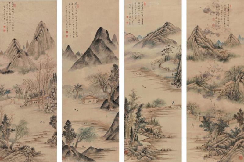 汤贻汾&nbsp;山水四屏,【嘉德春拍】承上启下 名家辈出：嘉道以来的绘画,嘉德,名家,嘉道,以来,焦山,道光,汤贻汾,屠倬,药山,画坛