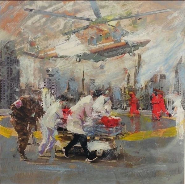 金阳平, 《空中救援(三)》,油画,28×28cm