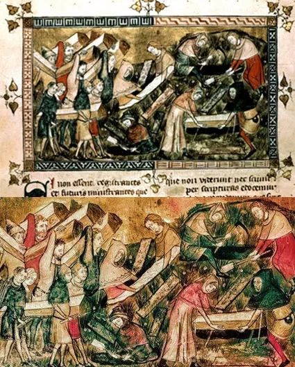 收藏在比利时皇家图书馆名为《图尔奈市民埋葬瘟疫受害者》的作品，大概创作于1353年，是目前已知最早的关于瘟疫题材的绘画，画面中的人们正在为因黑死病而死去的人们运送棺材。.jpeg