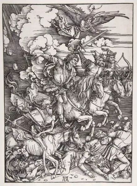 这张版画是德国文艺复兴时期的著名艺术家丢勒所创作的《四骑士》，这个主题来源《圣经新约.启示录》第六章的天启四骑士。从画面上看，这四个骑士从右上角到左下角这么分布，骑着四匹马。他们分别代表人类灾难的四种类型，就是瘟疫、战争、饥饿和死亡。.jpeg