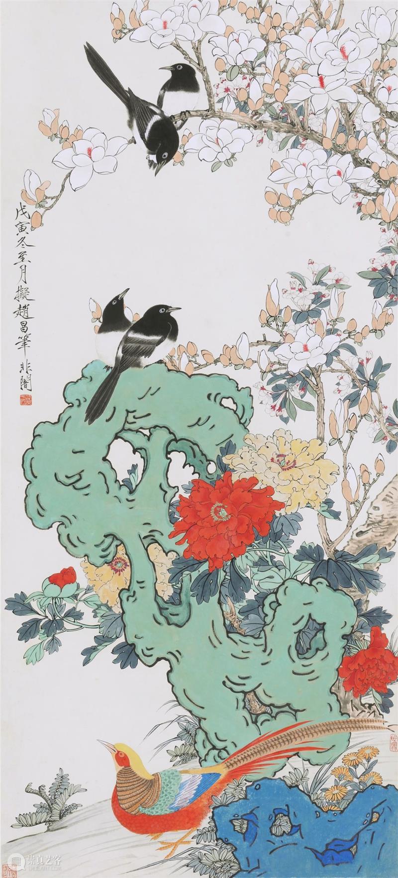 【保利拍卖十五周年】灿烂妍丽之极:于非闇《玉堂富贵春喜》 于非闇 玉堂富贵春喜 保利拍卖 玉堂 设色纸本 题识 戊寅 赵昌 钤印 蓬莱 崇真艺客
