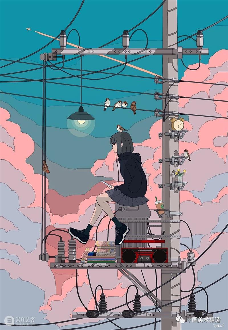 少女的梦 少女 日本 插画师@fluffy2038 插画 作品 城市 女孩 背景 细节 配色 崇真艺客