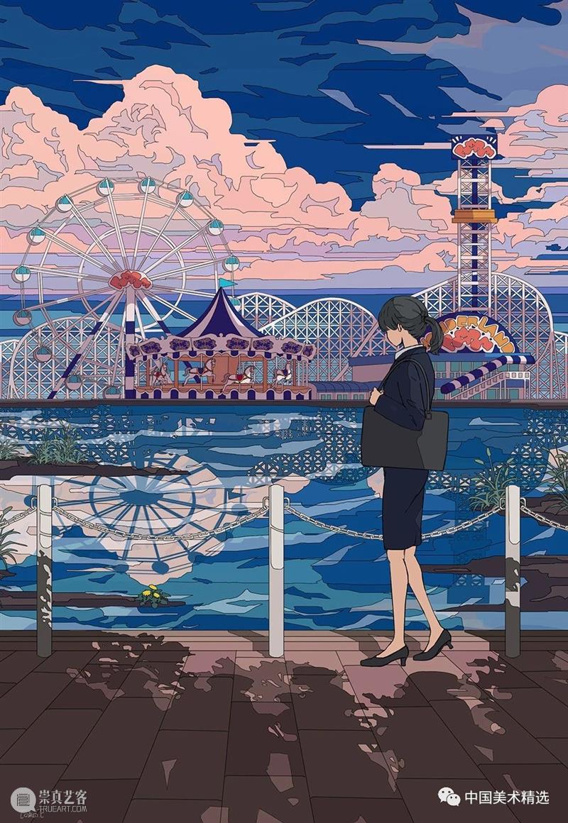 少女的梦 少女 日本 插画师@fluffy2038 插画 作品 城市 女孩 背景 细节 配色 崇真艺客