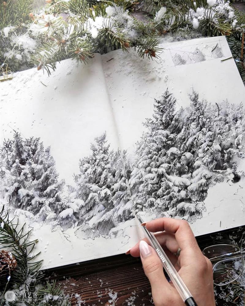 好适合圣诞节的手绘作品，森林、天空、湖泊真的棒！ 作品 森林 天空 湖泊 END 崇真艺客
